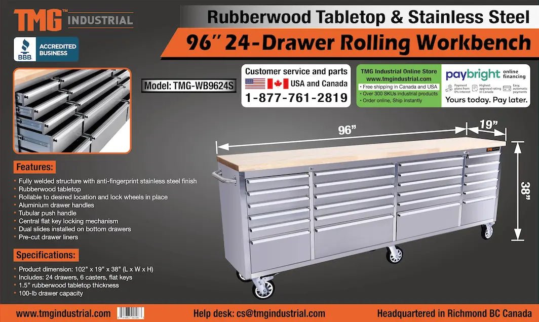 96″ Stainless Steel Rolling Workbench, Rubberwood Tabletop, 24 Lockable Drawers, Locking Wheels, TMG-WB9624S
