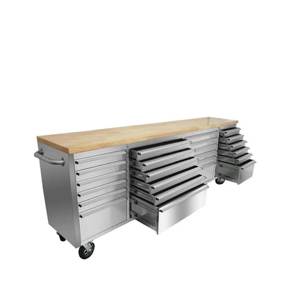 96″ Stainless Steel Rolling Workbench, Rubberwood Tabletop, 24 Lockable Drawers, Locking Wheels, TMG-WB9624S