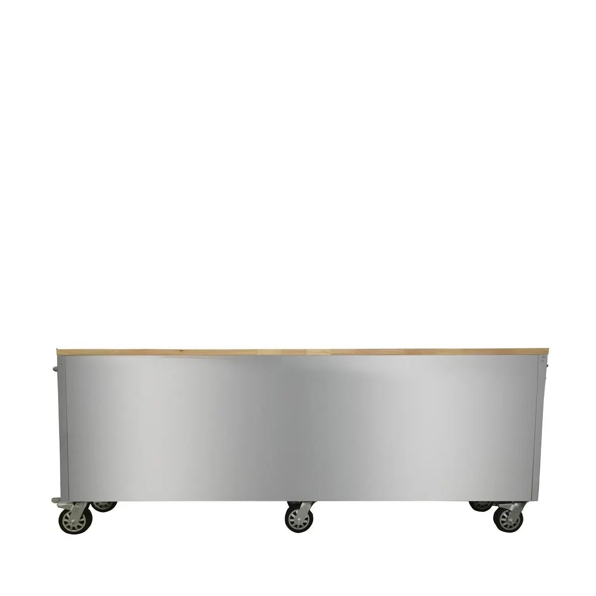 96″ Stainless Steel Rolling Workbench, Rubberwood Tabletop, 24 Lockable Drawers, Locking Wheels, TMG-WB9624S