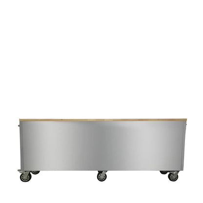 96″ Stainless Steel Rolling Workbench, Rubberwood Tabletop, 24 Lockable Drawers, Locking Wheels, TMG-WB9624S