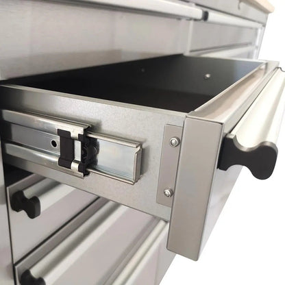 96″ Stainless Steel Rolling Workbench, Rubberwood Tabletop, 24 Lockable Drawers, Locking Wheels, TMG-WB9624S