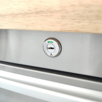 96″ Stainless Steel Rolling Workbench, Rubberwood Tabletop, 24 Lockable Drawers, Locking Wheels, TMG-WB9624S