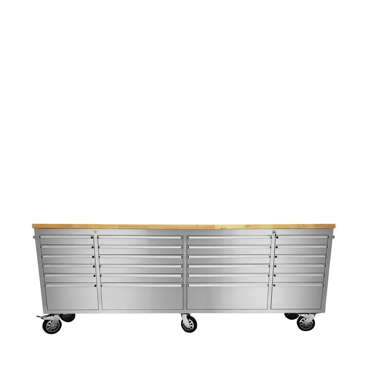 96″ Stainless Steel Rolling Workbench, Rubberwood Tabletop, 24 Lockable Drawers, Locking Wheels, TMG-WB9624S