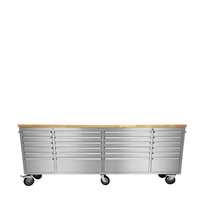 96″ Stainless Steel Rolling Workbench, Rubberwood Tabletop, 24 Lockable Drawers, Locking Wheels, TMG-WB9624S