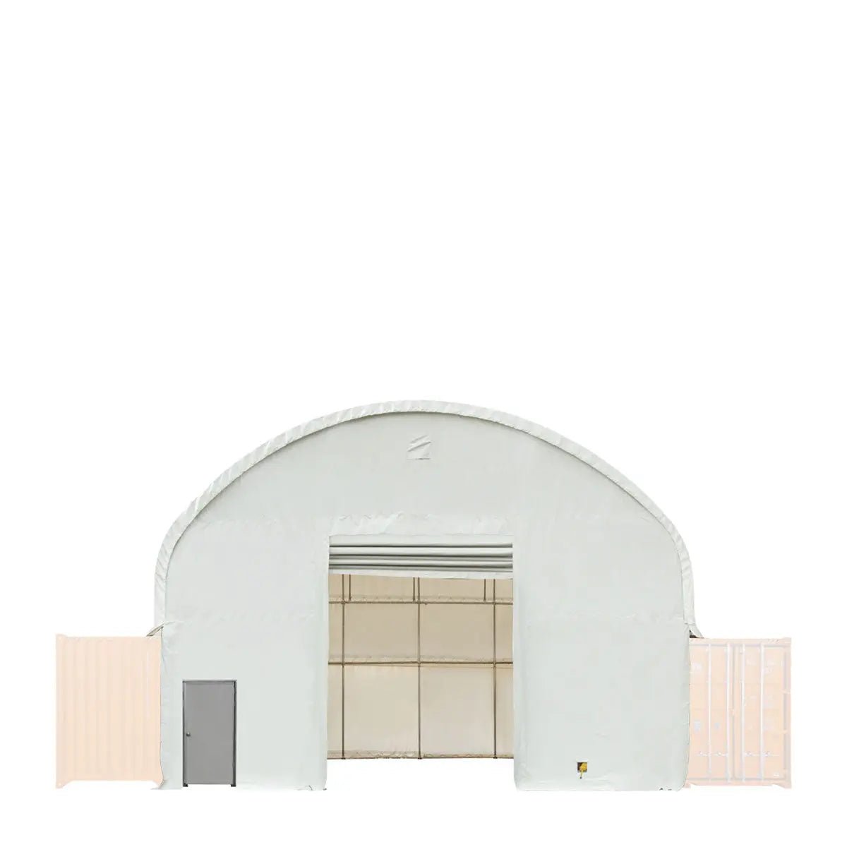 Front & Back End Wall Kit, Custom Cut for TMG-DT4041C Dual Truss Container Shelter, Front Winch Roll-up Door, Steel Man Door, 21 oz PVC, TMG-DT40CFB