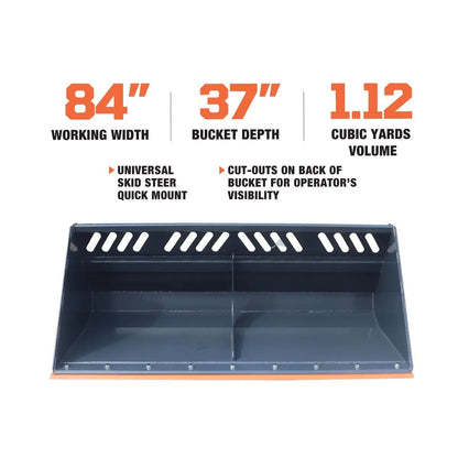 Heavy-Duty 84″ Skid Steer Snow/Mulch Bucket, Bolt-On Cut Edge, 1500-lb Weight Capacity, Universal Quick Mount, TMG-SN84