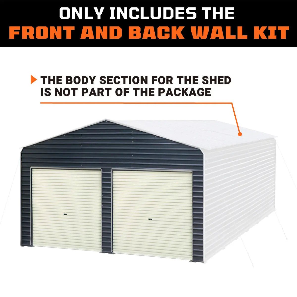 Metal Shed Carport Add-On Package Kit For TMG-MSC2020F And TMG-MSC2030F , Front Wall w/Roll Up Doors & Back Wall, TMG-MSC20-RD12