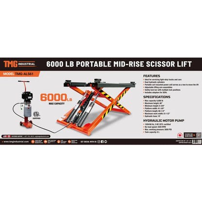 Mid-Rise Portable Automotive Scissor Lift, 6000 lb Lift Capacity, 48″ Lift Height, Single-Point Lock Release, TMG-ALS61
