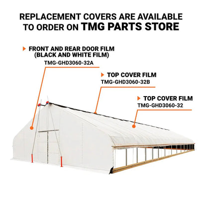 Pro Series 30’ x 60’ Light Deprivation Two Layer Cover Greenhouse Grow Tent, 6-mil Blackout Tarp and Clear Film, Cold Frame, Hand Crank Roll-Up Sides, Peak Ceiling Roof, TMG-GHD3060