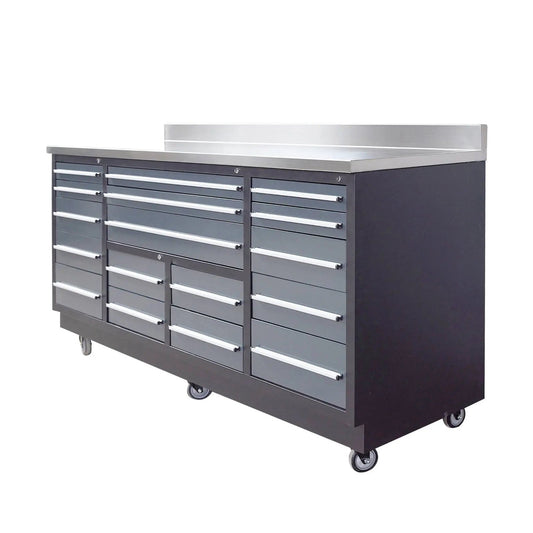 Pro Series 7-Ft 17-Drawer Workbench with Stainless Steel Top, Ball Bearing Double Slides & Casters, TMG-WB717