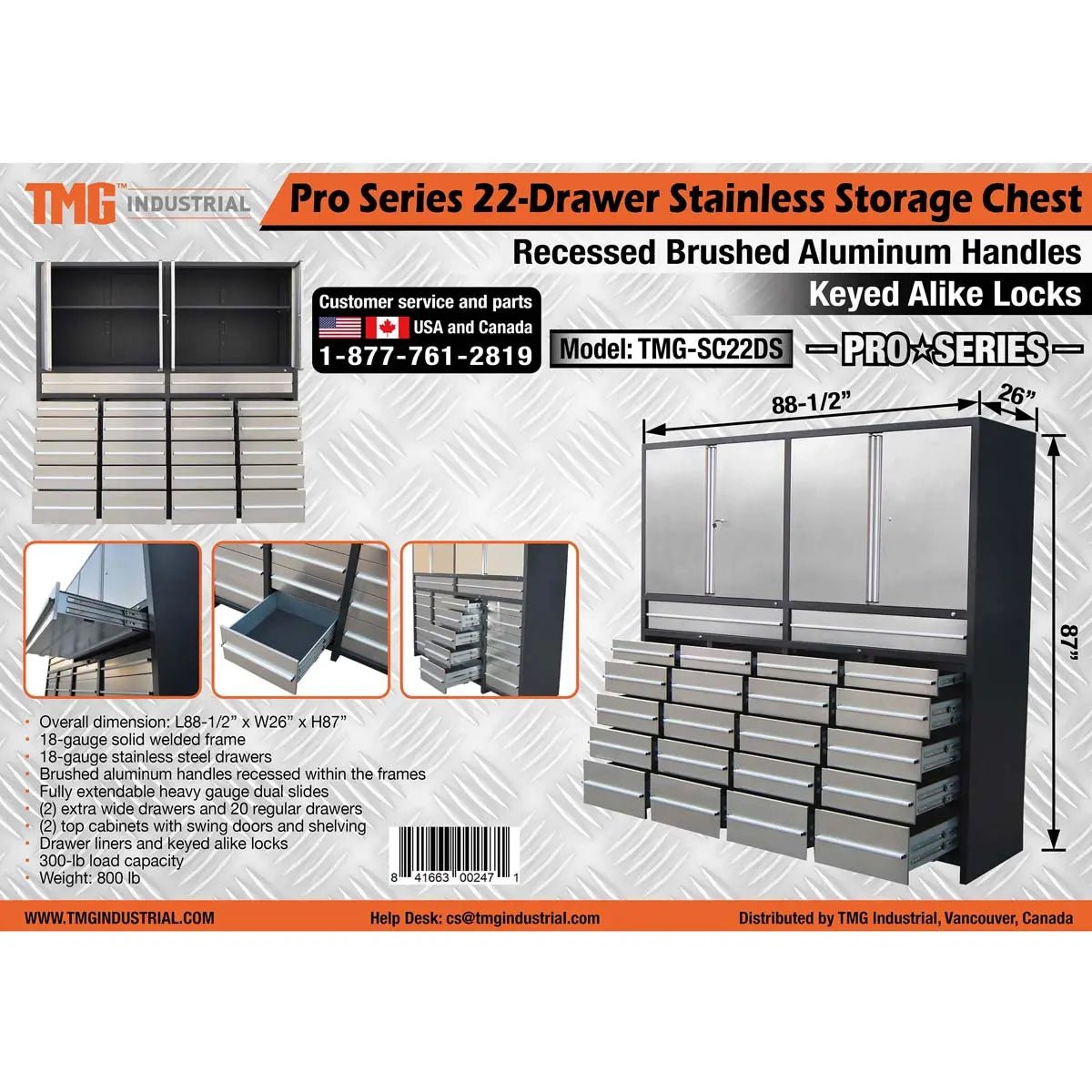 Pro Series 7-Ft 22 Drawer Stainless Steel Storage Chest, Top Cabinets, All-in-One Welded Frame, Keyed Alike Locks, TMG-SC22DS