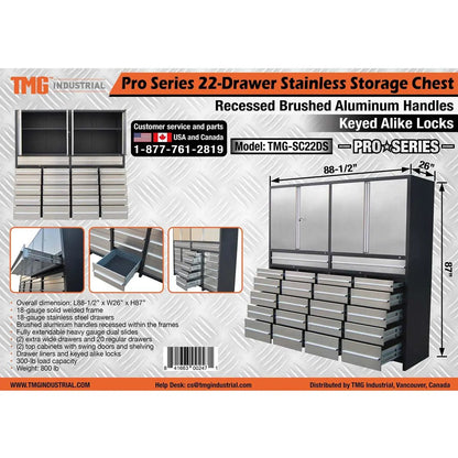 Pro Series 7-Ft 22 Drawer Stainless Steel Storage Chest, Top Cabinets, All-in-One Welded Frame, Keyed Alike Locks, TMG-SC22DS