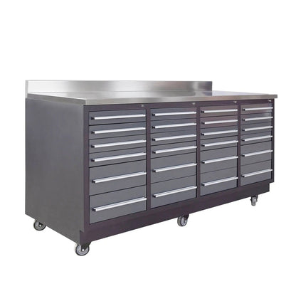 Pro Series 7-Ft 24-Drawer Workbench with Stainless Steel Top, Ball Bearing Double Slides & Casters, TMG-WB724