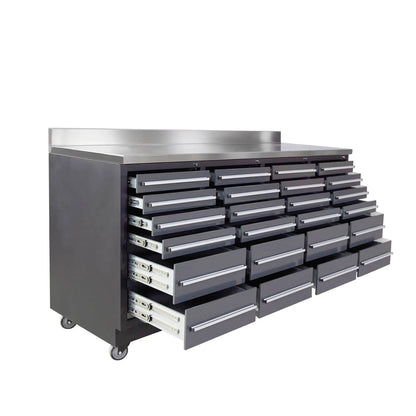 Pro Series 7-Ft 24-Drawer Workbench with Stainless Steel Top, Ball Bearing Double Slides & Casters, TMG-WB724