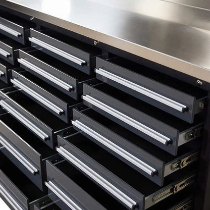 Pro Series 7-Ft 24-Drawer Workbench with Stainless Steel Top, Ball Bearing Double Slides & Casters, TMG-WB724