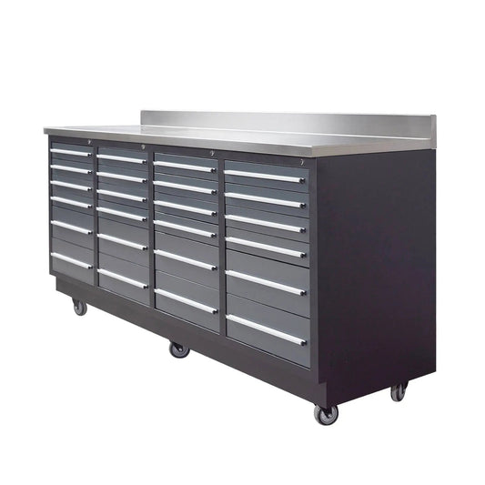 Pro Series 7-Ft 24-Drawer Workbench with Stainless Steel Top, Ball Bearing Double Slides & Casters, TMG-WB724