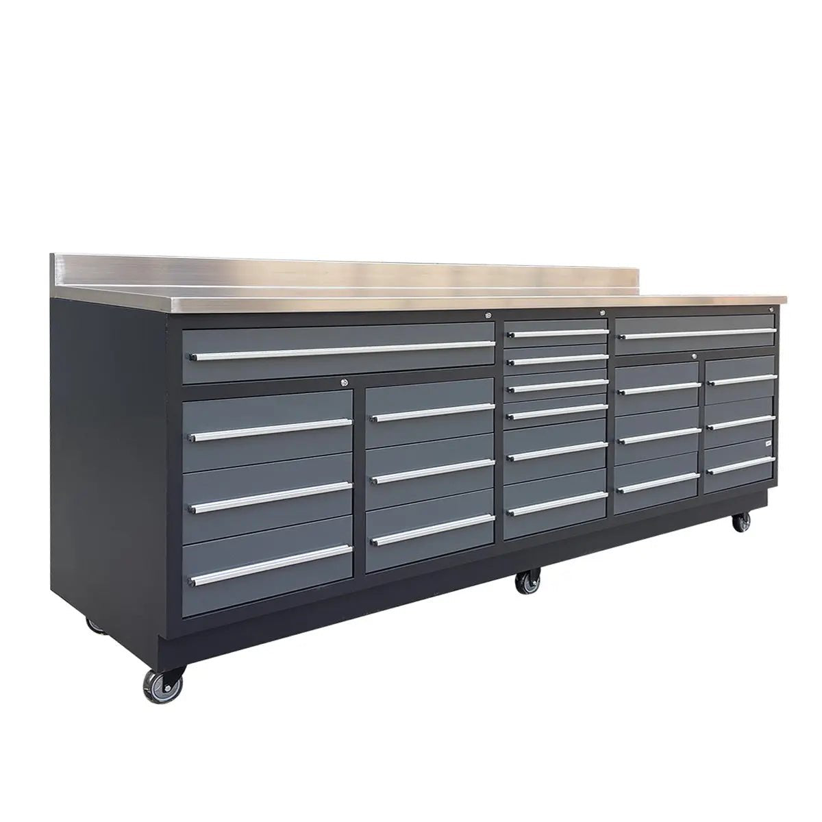 Pro Series 9-Ft 20-Drawer Workbench with Stainless Steel Top, Ball Bearing Double Slides & Casters, TMG-WB920(Previously WB20DS)