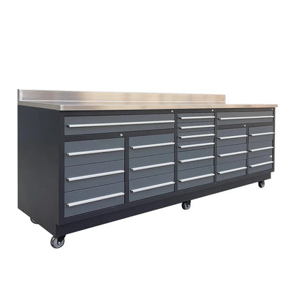 Pro Series 9-Ft 20-Drawer Workbench with Stainless Steel Top, Ball Bearing Double Slides & Casters, TMG-WB920(Previously WB20DS)