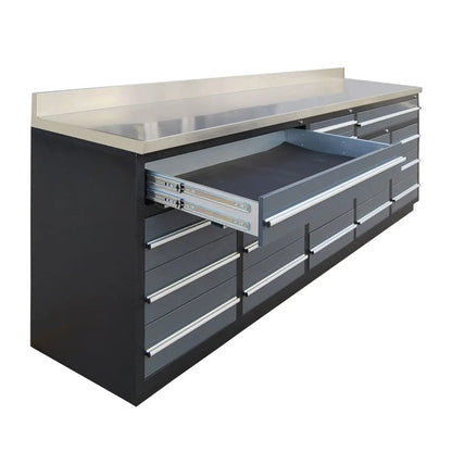 Pro Series 9-Ft 20-Drawer Workbench with Stainless Steel Top, Ball Bearing Double Slides & Casters, TMG-WB920(Previously WB20DS)