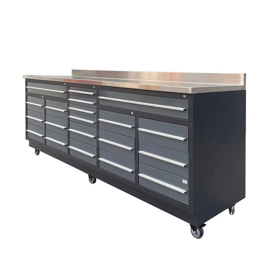 Pro Series 9-Ft 20-Drawer Workbench with Stainless Steel Top, Ball Bearing Double Slides & Casters, TMG-WB920(Previously WB20DS)