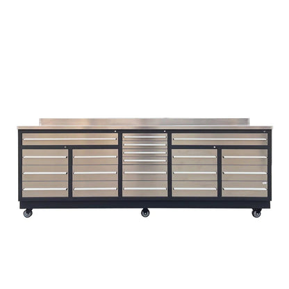 Pro Series 9′ 20 Drawer Stainless Steel Workbench, Ball Bearing Double Slides & Casters TMG-WB921S (Previously WB21DS)