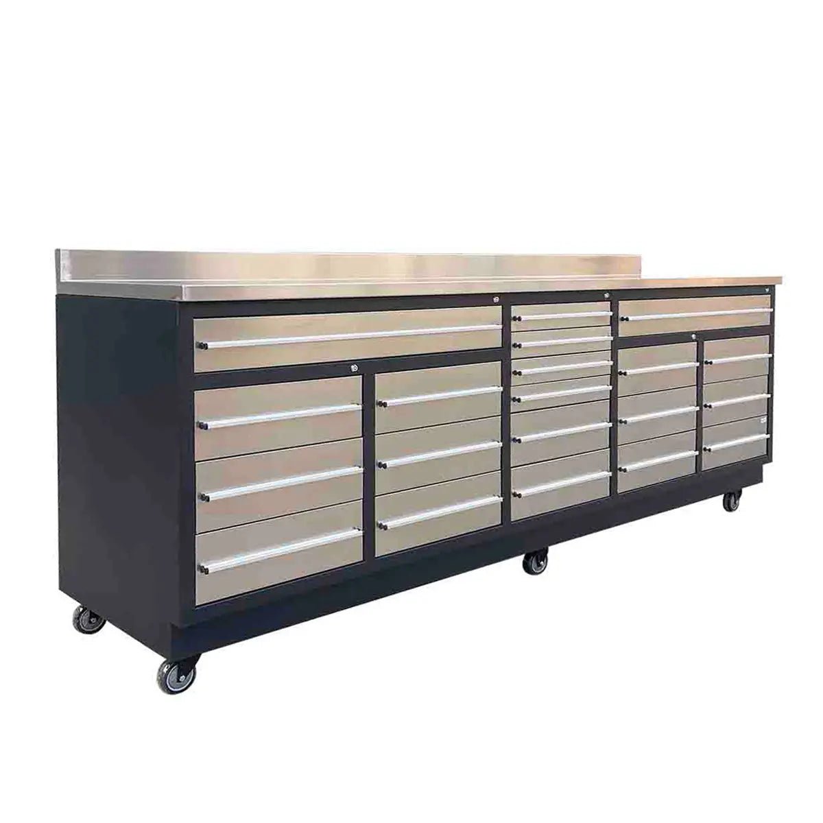Pro Series 9′ 20 Drawer Stainless Steel Workbench, Ball Bearing Double Slides & Casters TMG-WB921S (Previously WB21DS)
