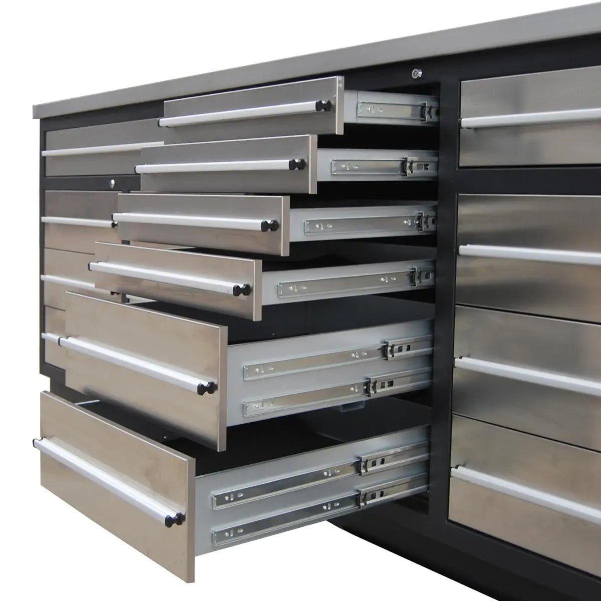 Pro Series 9′ 20 Drawer Stainless Steel Workbench, Ball Bearing Double Slides & Casters TMG-WB921S (Previously WB21DS)