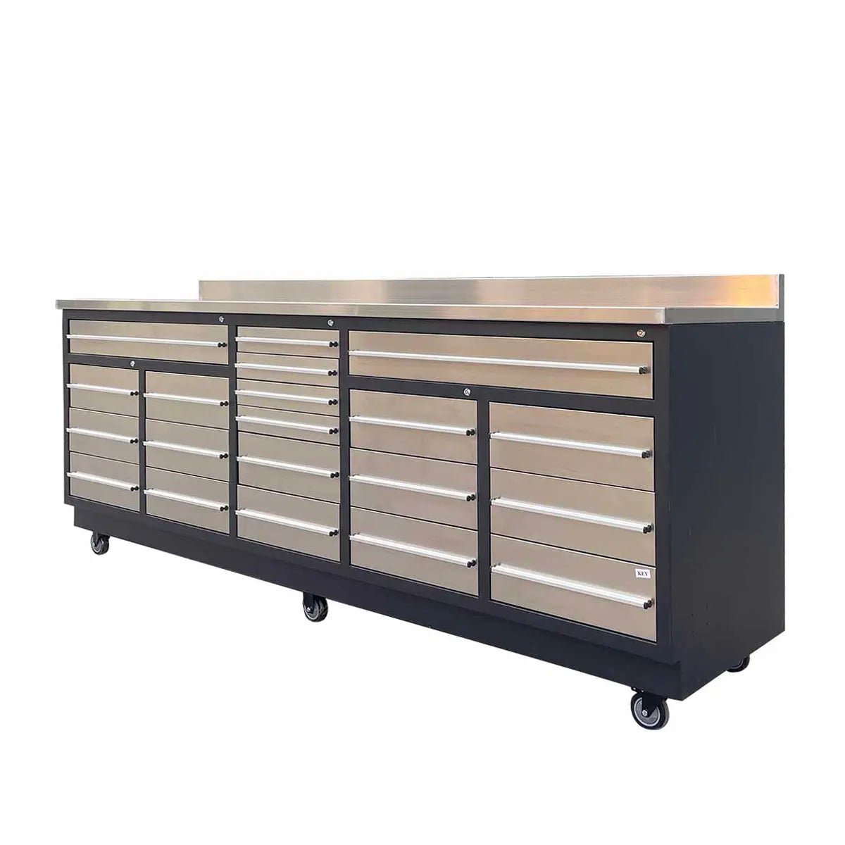 Pro Series 9′ 20 Drawer Stainless Steel Workbench, Ball Bearing Double Slides & Casters TMG-WB921S (Previously WB21DS)