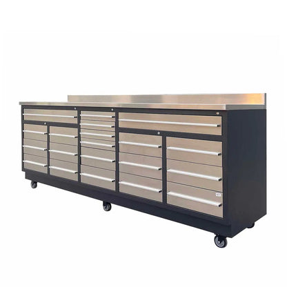 Pro Series 9′ 20 Drawer Stainless Steel Workbench, Ball Bearing Double Slides & Casters TMG-WB921S (Previously WB21DS)