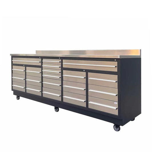 Pro Series 9′ 20 Drawer Stainless Steel Workbench, Ball Bearing Double Slides & Casters TMG-WB921S (Previously WB21DS)
