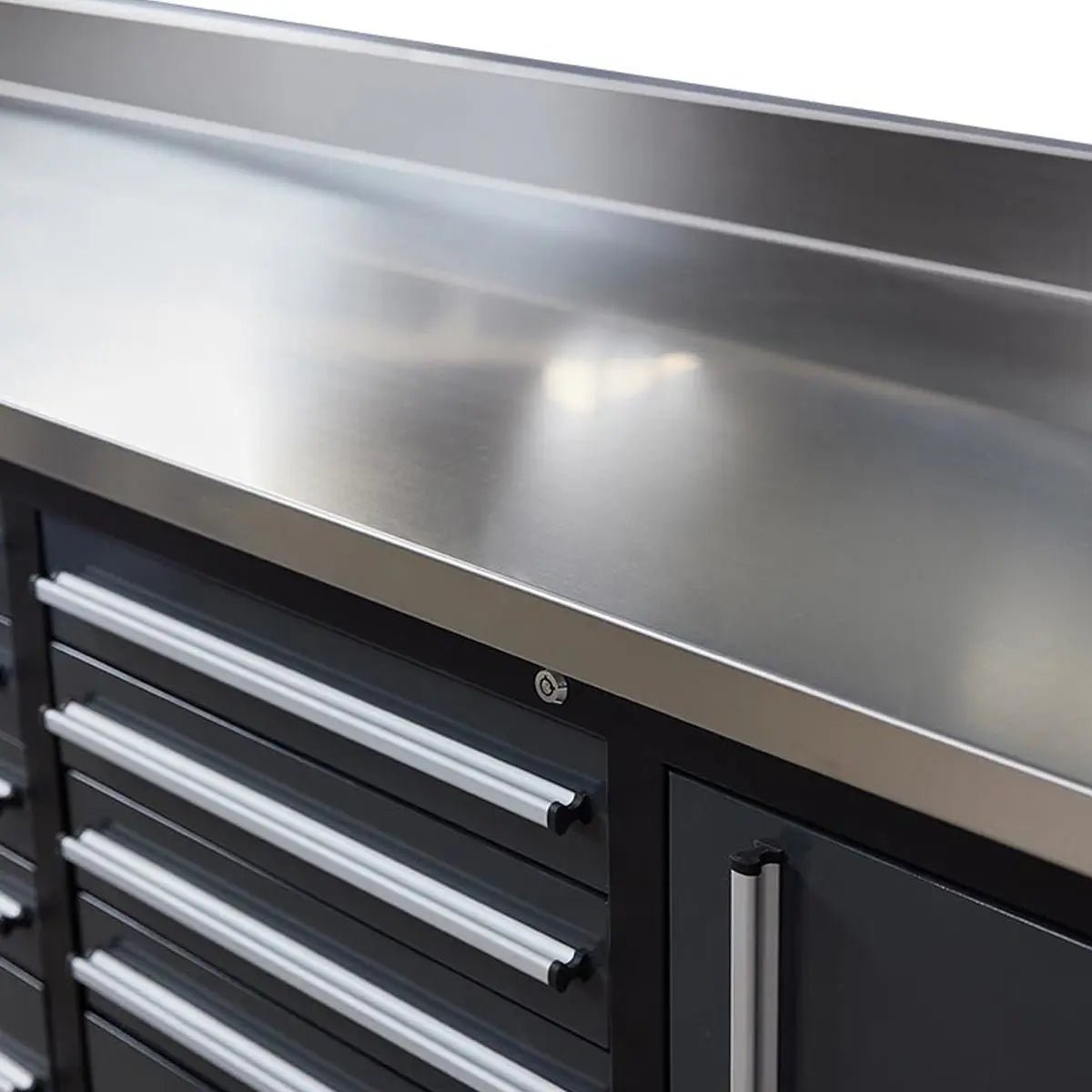 Pro Series 9-Ft 18-Drawer Workbench with Stainless Steel Top, Ball Bearing Double Slides & Casters, TMG-WB918