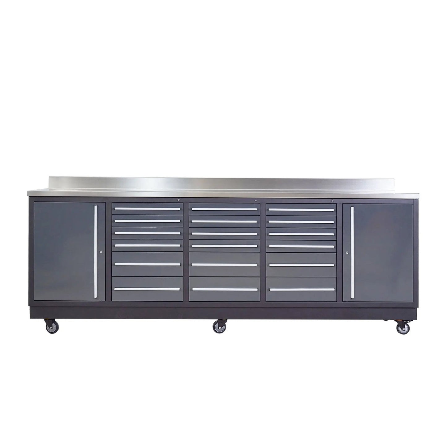 Pro Series 9-Ft 18-Drawer Workbench with Stainless Steel Top, Ball Bearing Double Slides & Casters, TMG-WB918