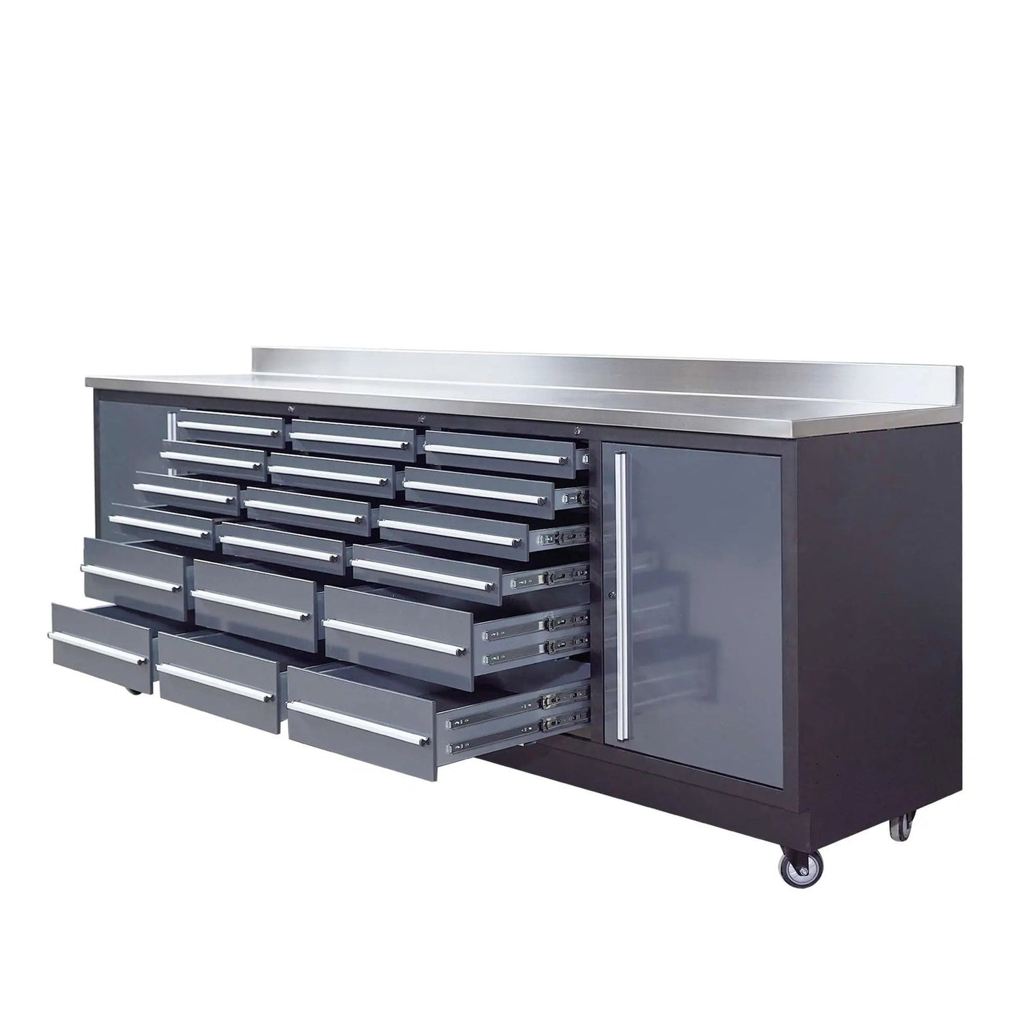 Pro Series 9-Ft 18-Drawer Workbench with Stainless Steel Top, Ball Bearing Double Slides & Casters, TMG-WB918