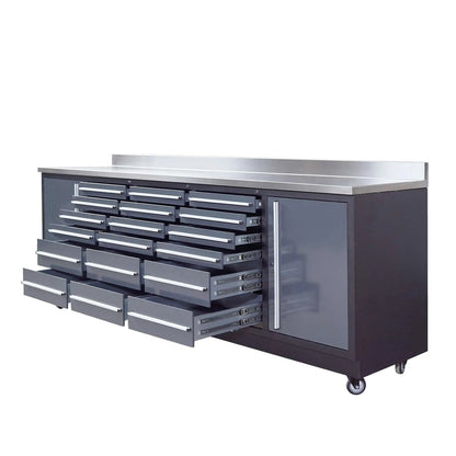 Pro Series 9-Ft 18-Drawer Workbench with Stainless Steel Top, Ball Bearing Double Slides & Casters, TMG-WB918