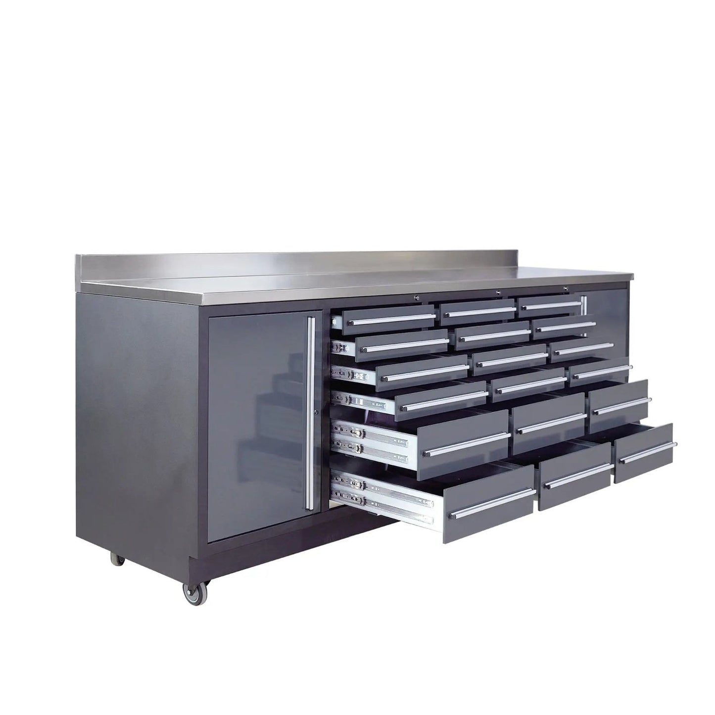 Pro Series 9-Ft 18-Drawer Workbench with Stainless Steel Top, Ball Bearing Double Slides & Casters, TMG-WB918
