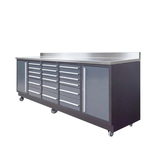 Pro Series 9-Ft 18-Drawer Workbench with Stainless Steel Top, Ball Bearing Double Slides & Casters, TMG-WB918