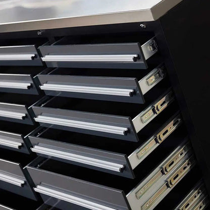 Pro Series 9-Ft 30-Drawer Workbench with Stainless Steel Top, Ball Bearing Double Slides & Casters, TMG-WB930