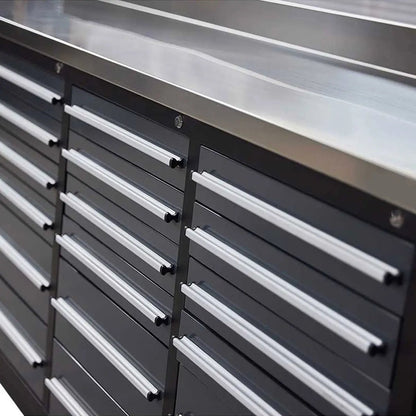 Pro Series 9-Ft 30-Drawer Workbench with Stainless Steel Top, Ball Bearing Double Slides & Casters, TMG-WB930