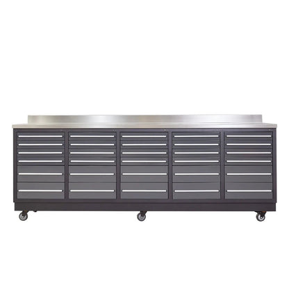 Pro Series 9-Ft 30-Drawer Workbench with Stainless Steel Top, Ball Bearing Double Slides & Casters, TMG-WB930