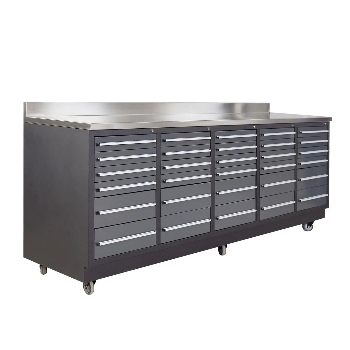 Pro Series 9-Ft 30-Drawer Workbench with Stainless Steel Top, Ball Bearing Double Slides & Casters, TMG-WB930