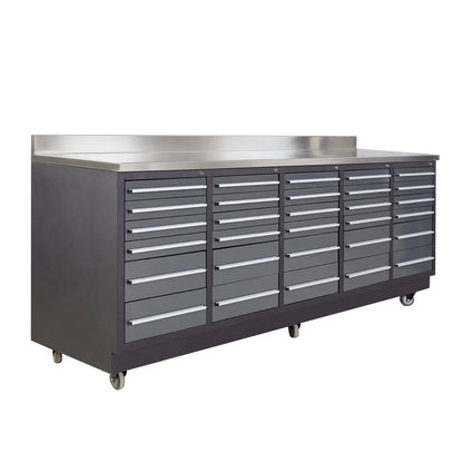 Pro Series 9-Ft 30-Drawer Workbench with Stainless Steel Top, Ball Bearing Double Slides & Casters, TMG-WB930