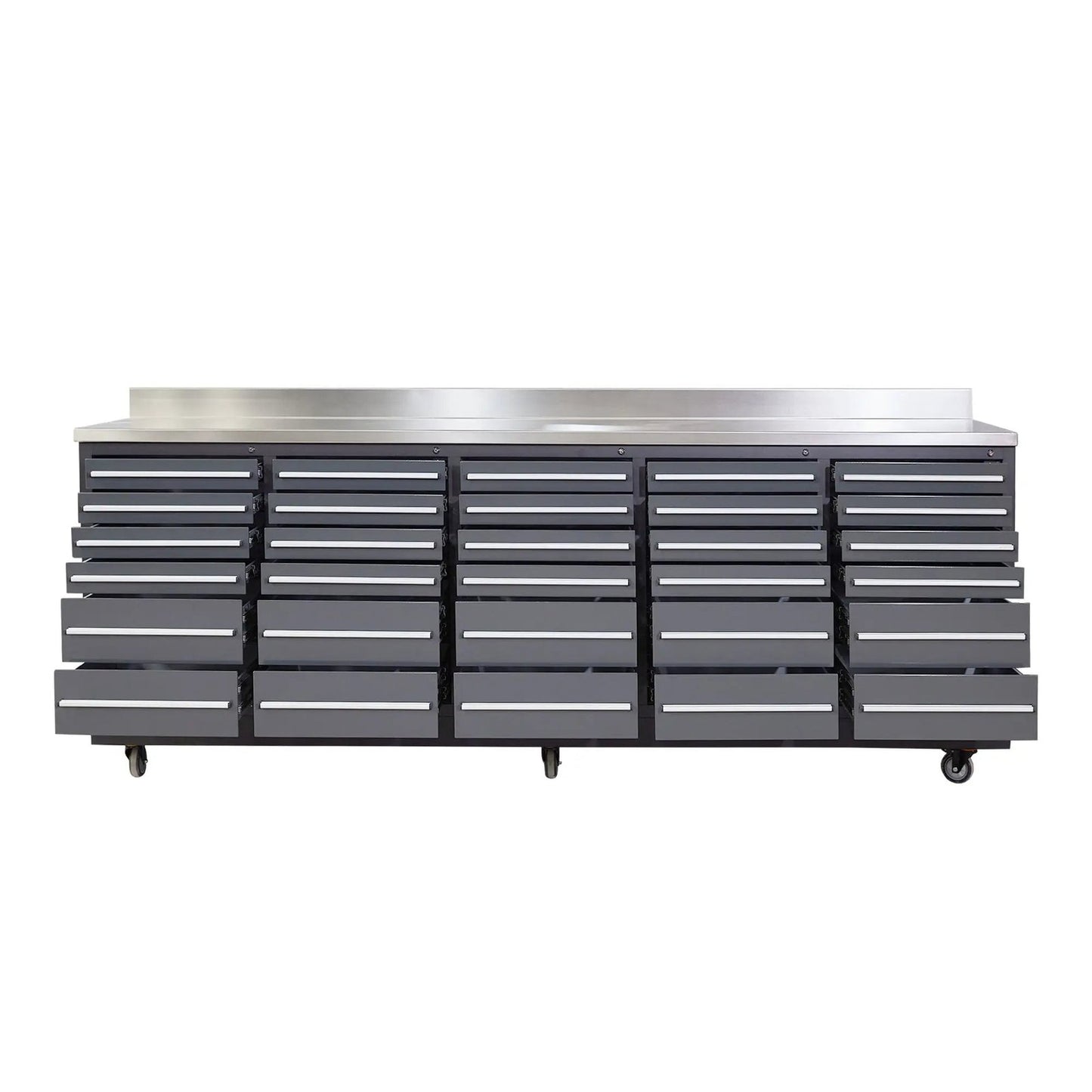 Pro Series 9-Ft 30-Drawer Workbench with Stainless Steel Top, Ball Bearing Double Slides & Casters, TMG-WB930