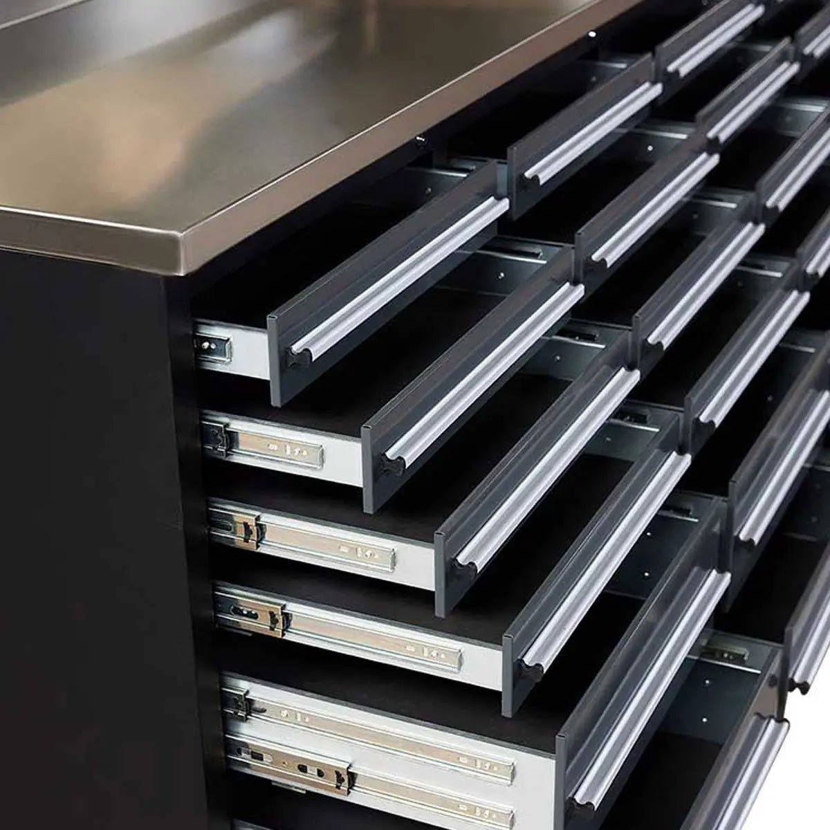 Pro Series 9-Ft 30-Drawer Workbench with Stainless Steel Top, Ball Bearing Double Slides & Casters, TMG-WB930