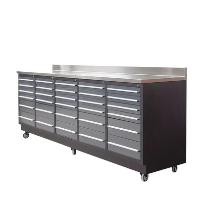 Pro Series 9-Ft 30-Drawer Workbench with Stainless Steel Top, Ball Bearing Double Slides & Casters, TMG-WB930
