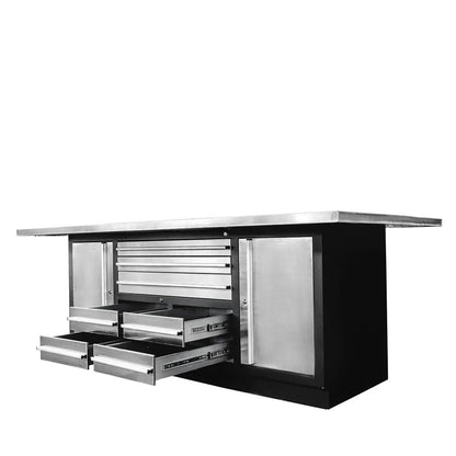 Pro Series Stainless-Steel Extra-Large 85″ x 45″ Platform Workbench, 7 Lockable Drawers, 2 Storage Cabinets, All-in-One Welded Frame, TMG-WB708S (Previously TMG-WB85XS)