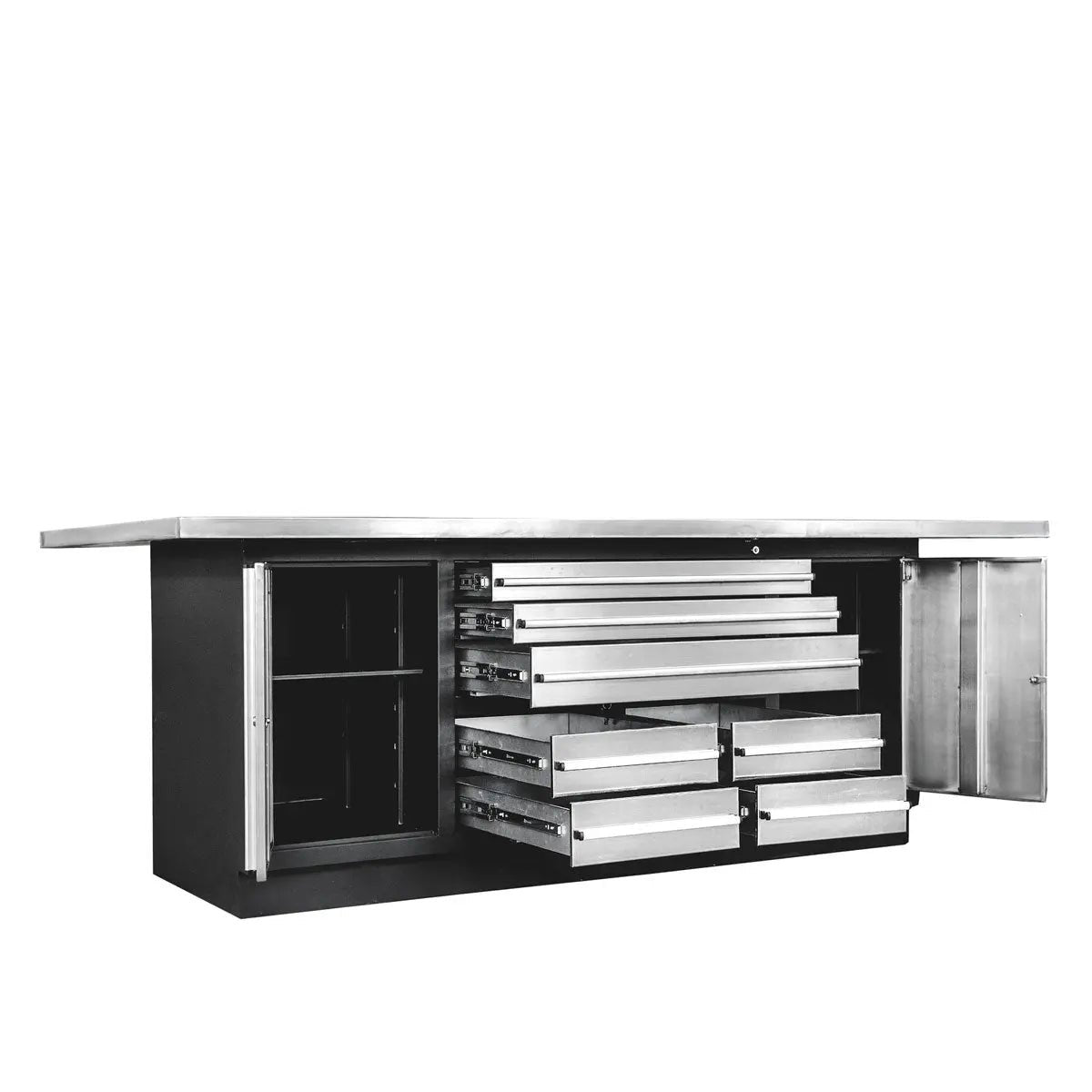 Pro Series Stainless-Steel Extra-Large 85″ x 45″ Platform Workbench, 7 Lockable Drawers, 2 Storage Cabinets, All-in-One Welded Frame, TMG-WB708S (Previously TMG-WB85XS)