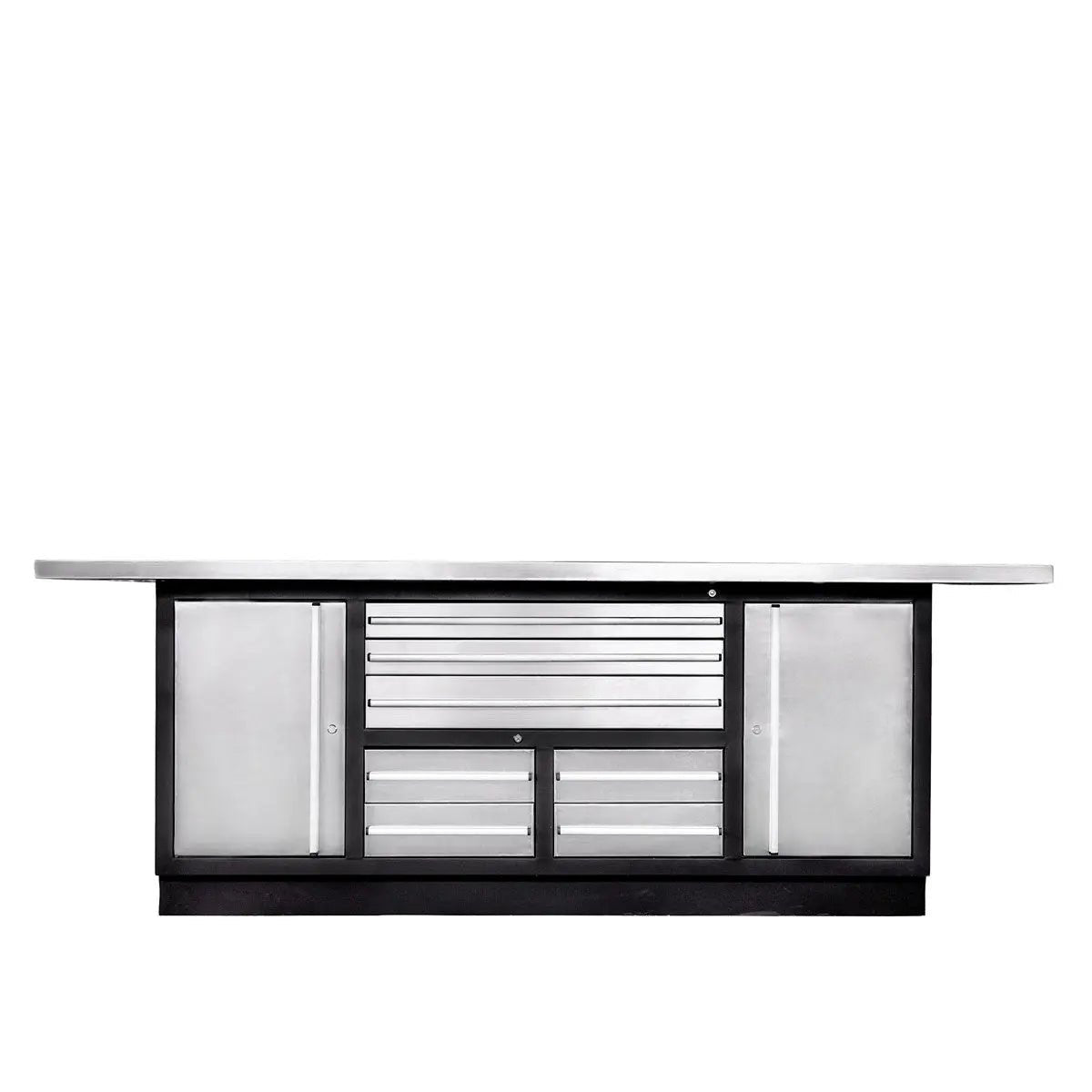 Pro Series Stainless-Steel Extra-Large 85″ x 45″ Platform Workbench, 7 Lockable Drawers, 2 Storage Cabinets, All-in-One Welded Frame, TMG-WB708S (Previously TMG-WB85XS)