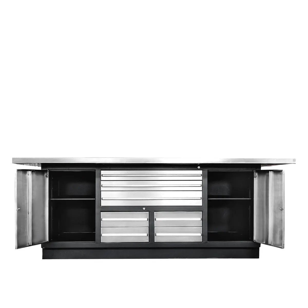 Pro Series Stainless-Steel Extra-Large 85″ x 45″ Platform Workbench, 7 Lockable Drawers, 2 Storage Cabinets, All-in-One Welded Frame, TMG-WB708S (Previously TMG-WB85XS)