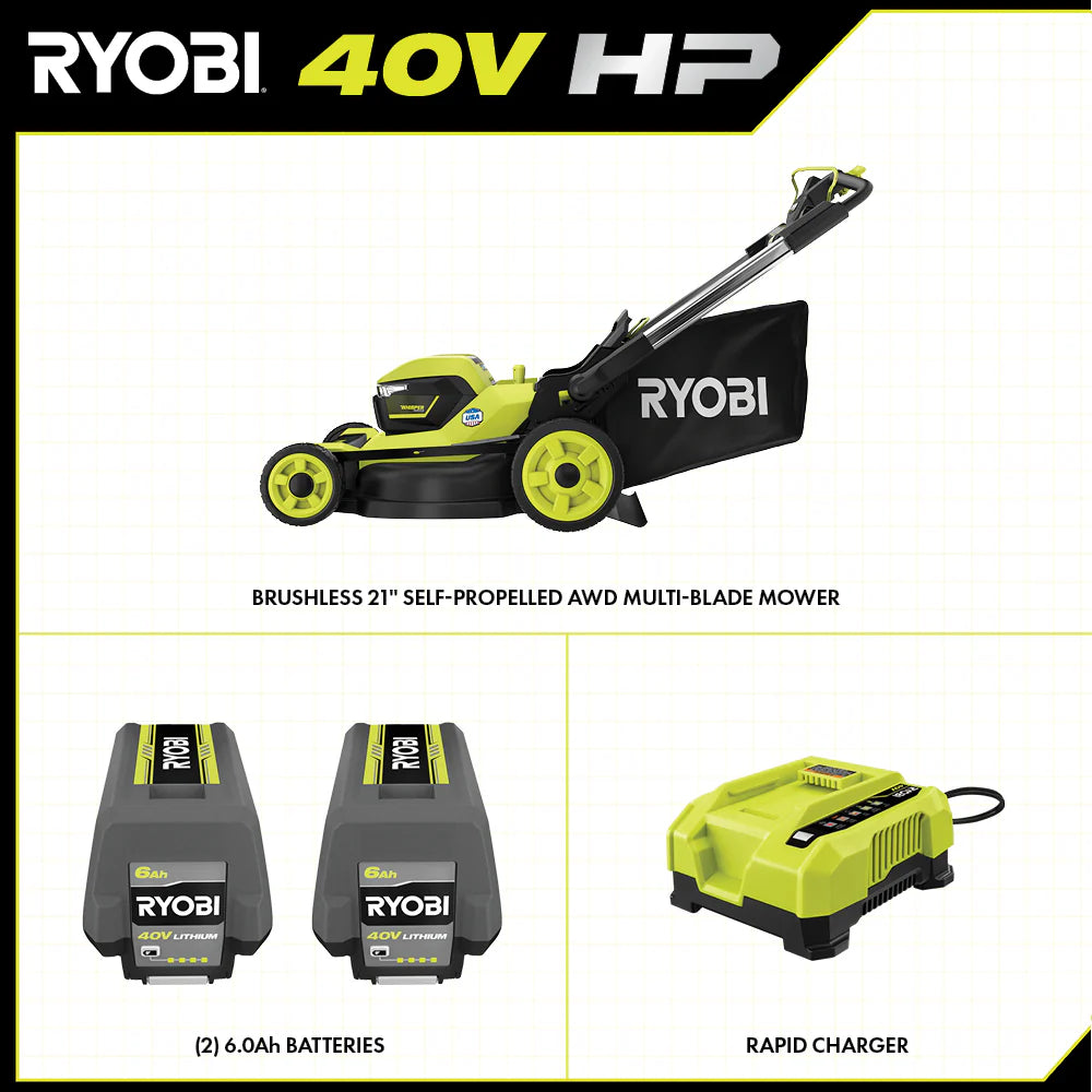 RYOBI 40v Hp brushless 21″ self-propelled AWD dual-blade mower kit
