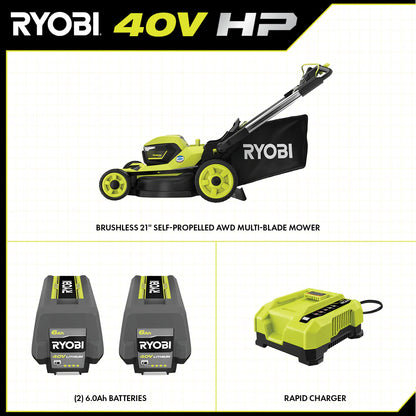 RYOBI 40v Hp brushless 21″ self-propelled AWD dual-blade mower kit